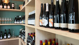Wine shelves at Bistro Melon, Nantes, France.