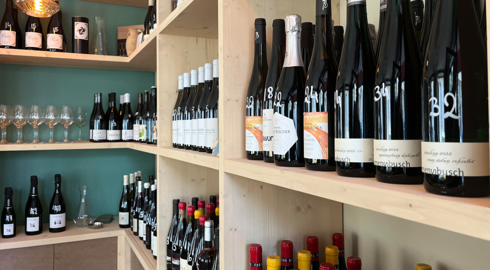 Wine shelves at Bistro Melon, Nantes, France.