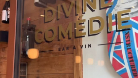 Entrance wine bar Divine Comédie, Nantes, France.