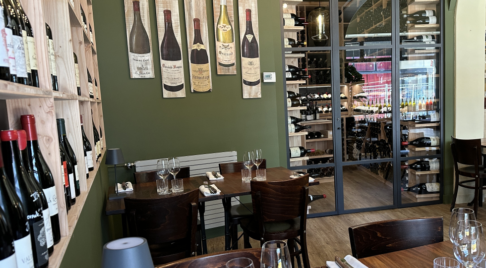 Interior of restaurant and wine bar Les Bouteilles, Nantes, France.
