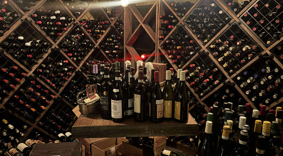 Wine cellar at Wine Bar M emme, Kyoto, Japan.