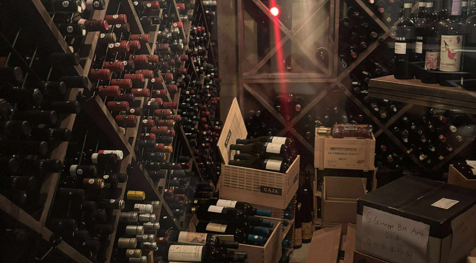 Wine cellar at Wine Bar M emme, Kyoto, Japan.