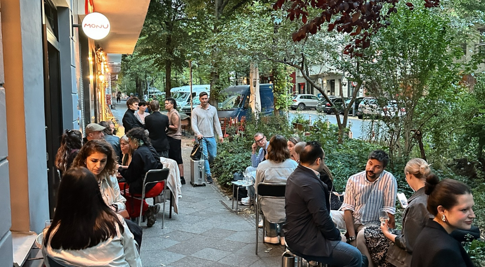Outdoor seating at wine bar Monu, Berlin, Germany.