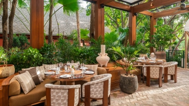 Outdoor seating at Ava MediterrAegean, Coconut Grove, Miami, Florida, USA.