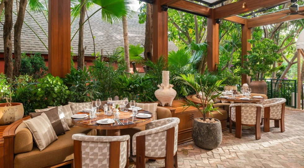 Outdoor seating at Ava MediterrAegean, Coconut Grove, Miami, Florida, USA.